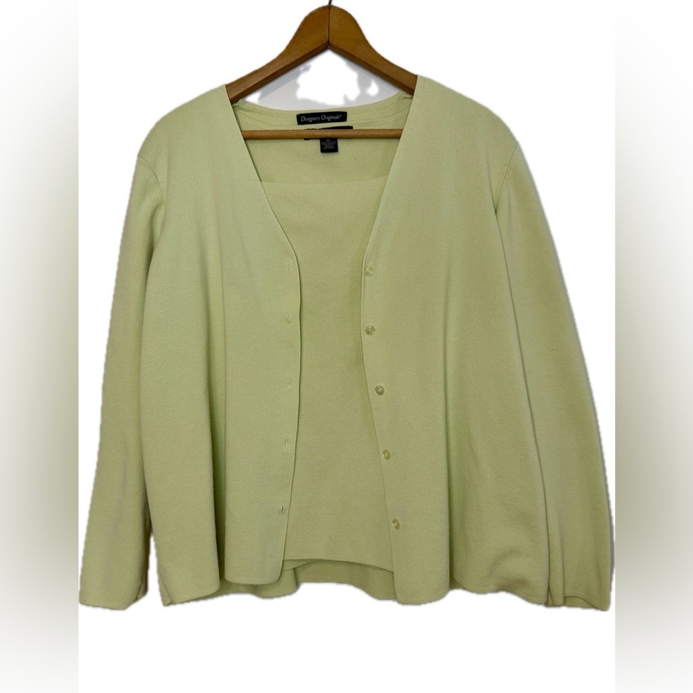 Vintage Chartreuse Knit Twinset Cardigan & Tank XL Square‎ Neck Preppy Spring